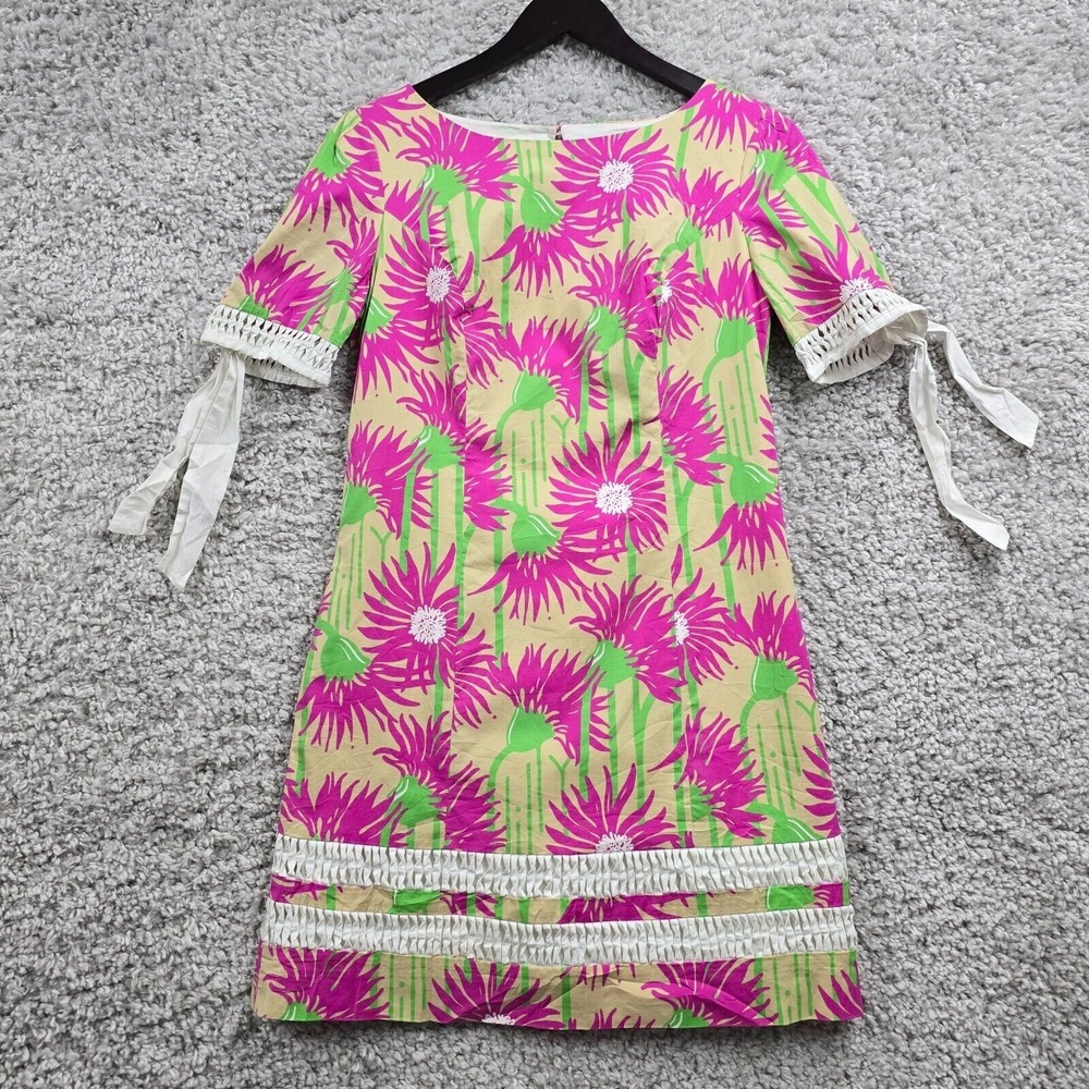 Lilly Pulitzer Floral Dress Womens 2 Pink Green Lattice Tie Boho Preppy